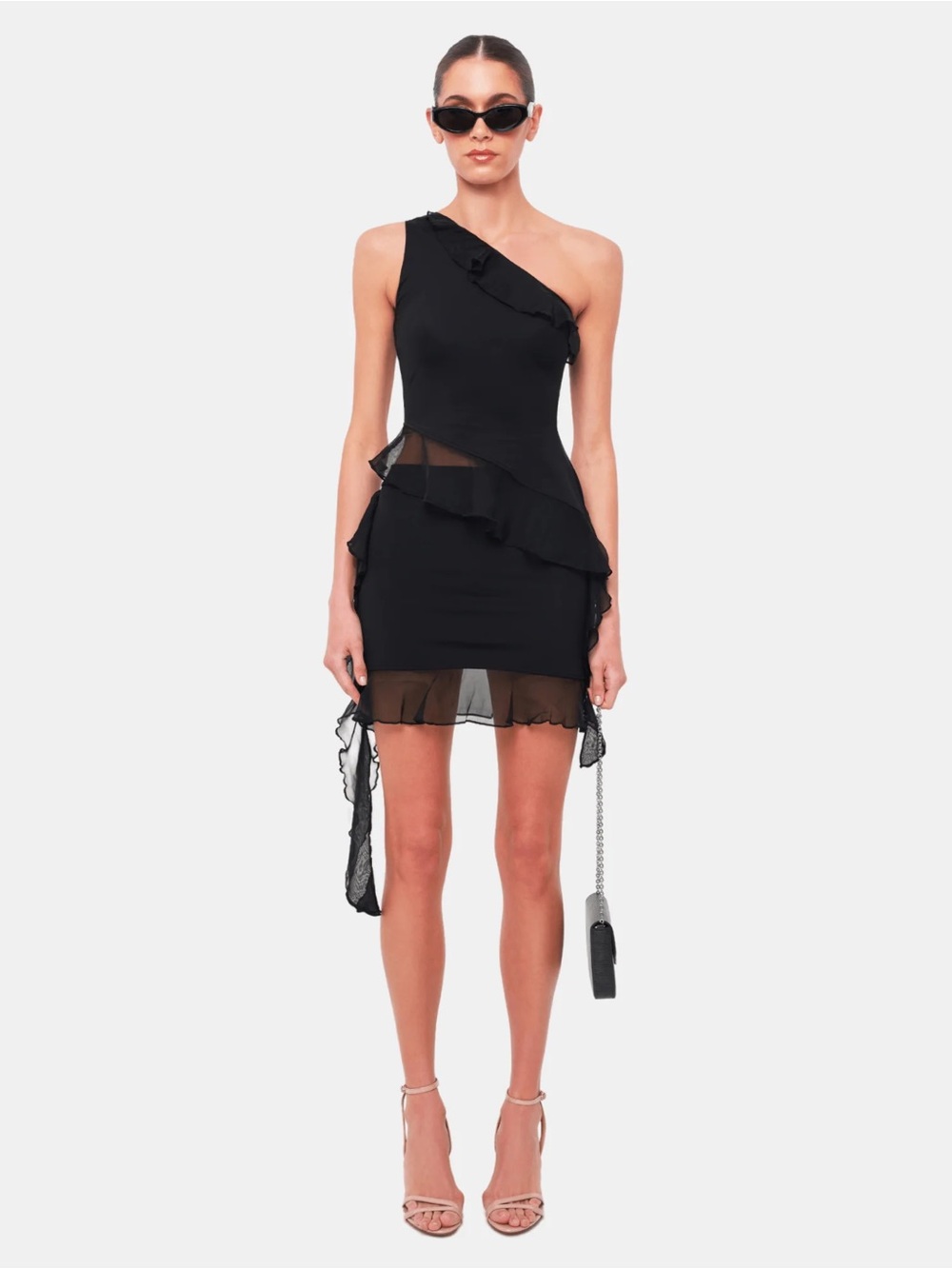 Asymmetric One-Shoulder Black Ruffle Mini Skirt Set
